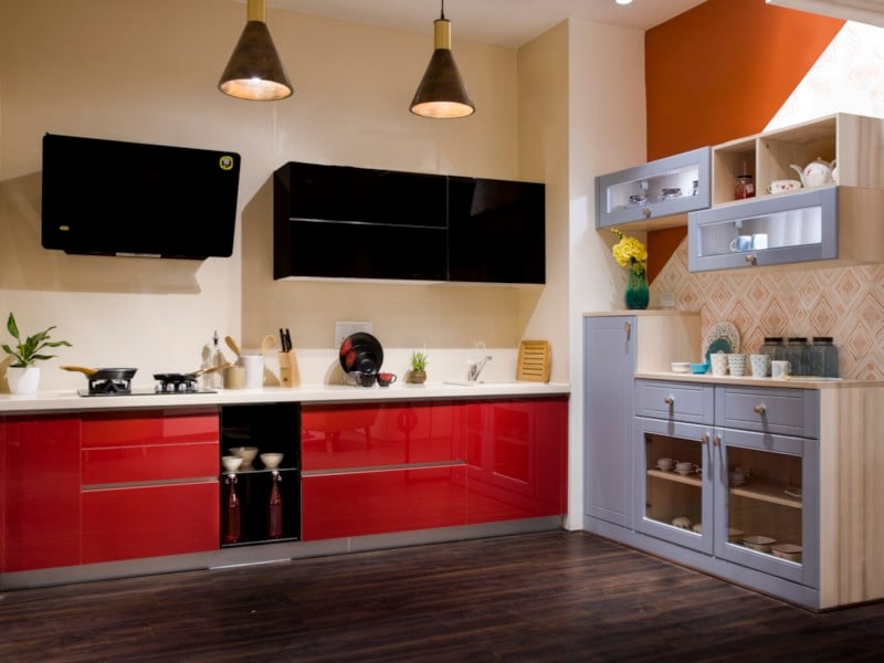 Contemporary Straight Kitchen Quartz Red Cabinets