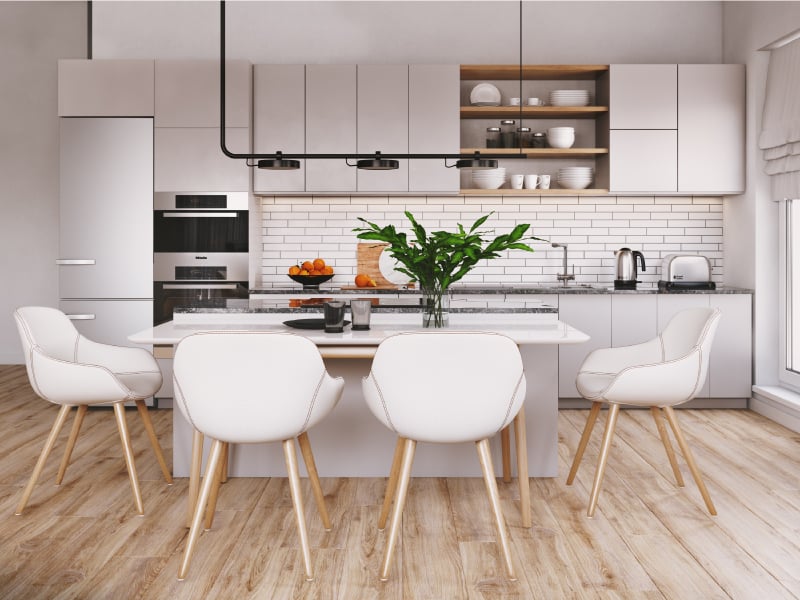 Pure Elegance Minimalist White Kitchen Island Wood Floor